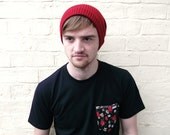 Red beanie, mens large beanie hat, oversized slouch knitwear, menswear fashion.