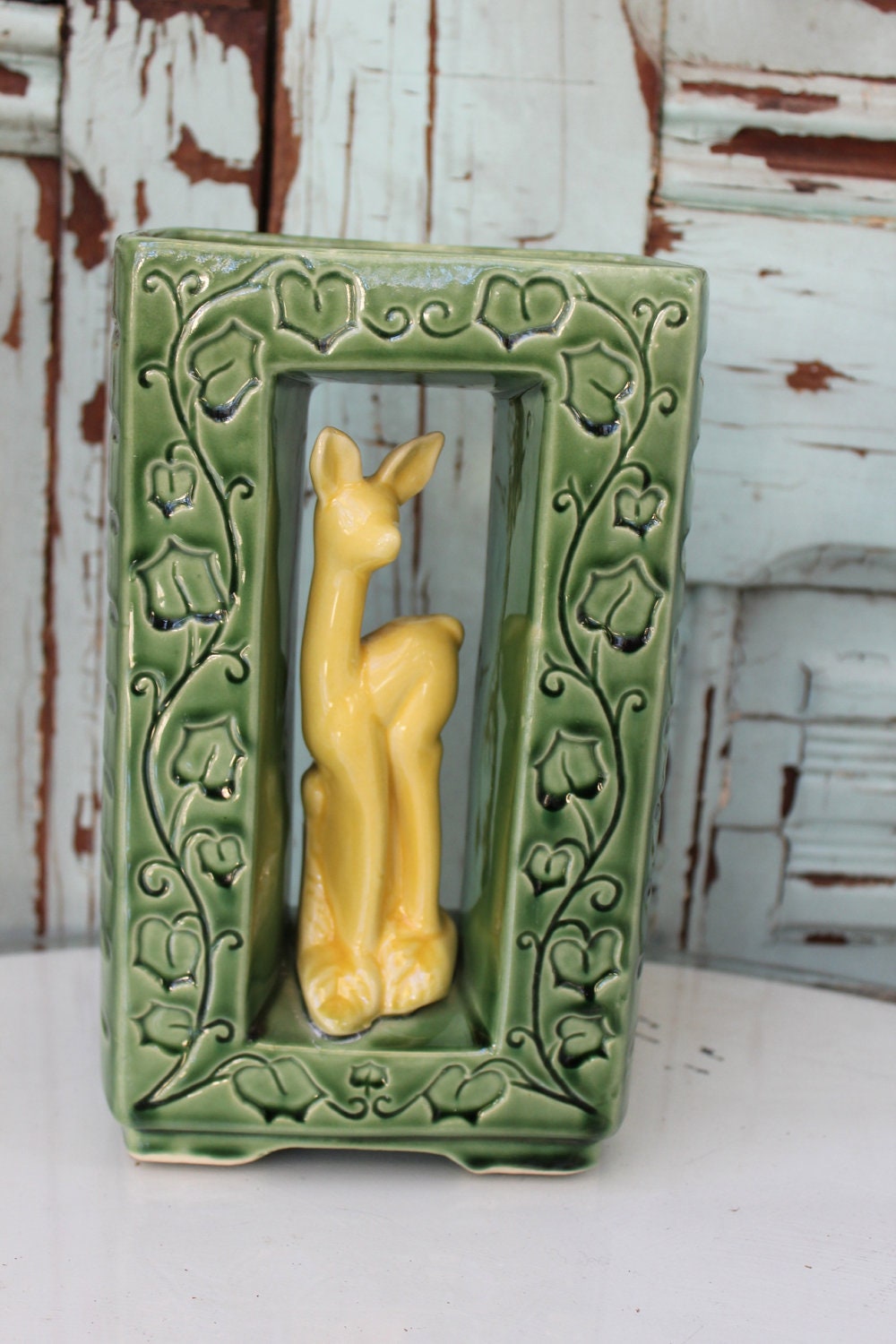 Vintage Deer Planter - Green - Cream - Yellow - Shawnee USA