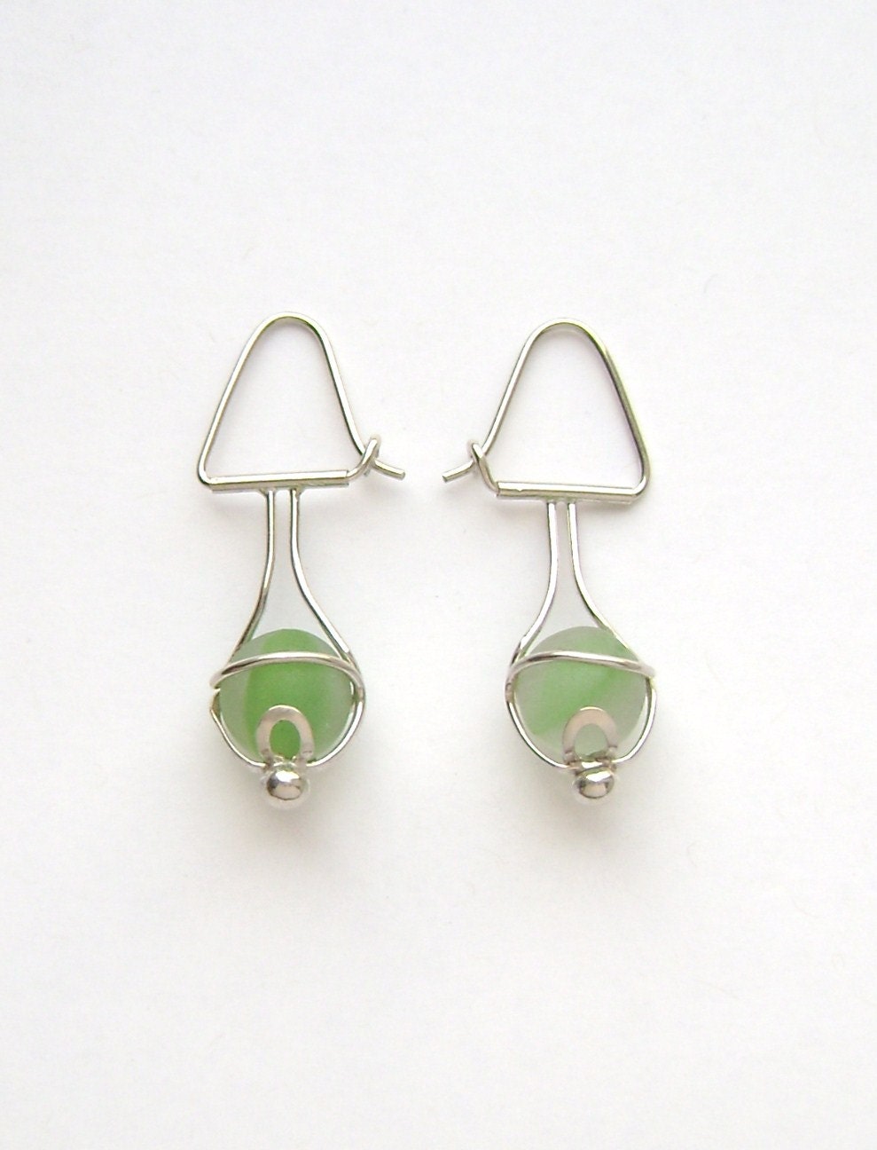 Sea Glass Jewelry - Sterling Green Sea Glass Marble Earrings