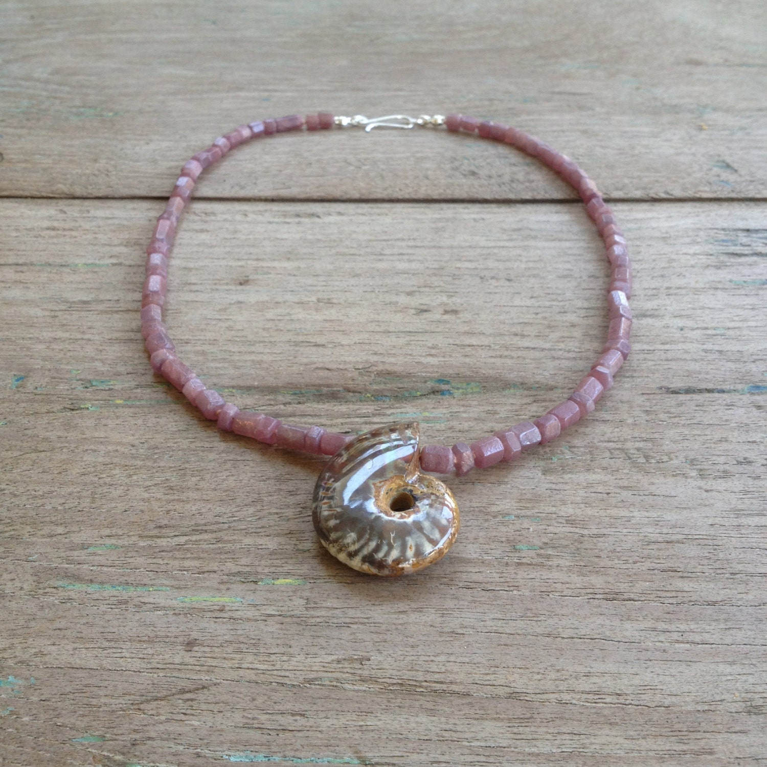 honed ruby and ammonite necklace