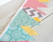 Bunting Fabric Banner Fabric Flags  - Aqua Blue, Yellow, Gray and Coral Chevron and Flowers - Ready to Ship