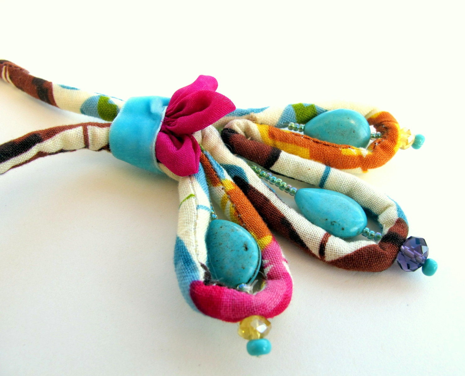 Asymmetrical fashion fiber necklace  Art Nouveau in spring colors