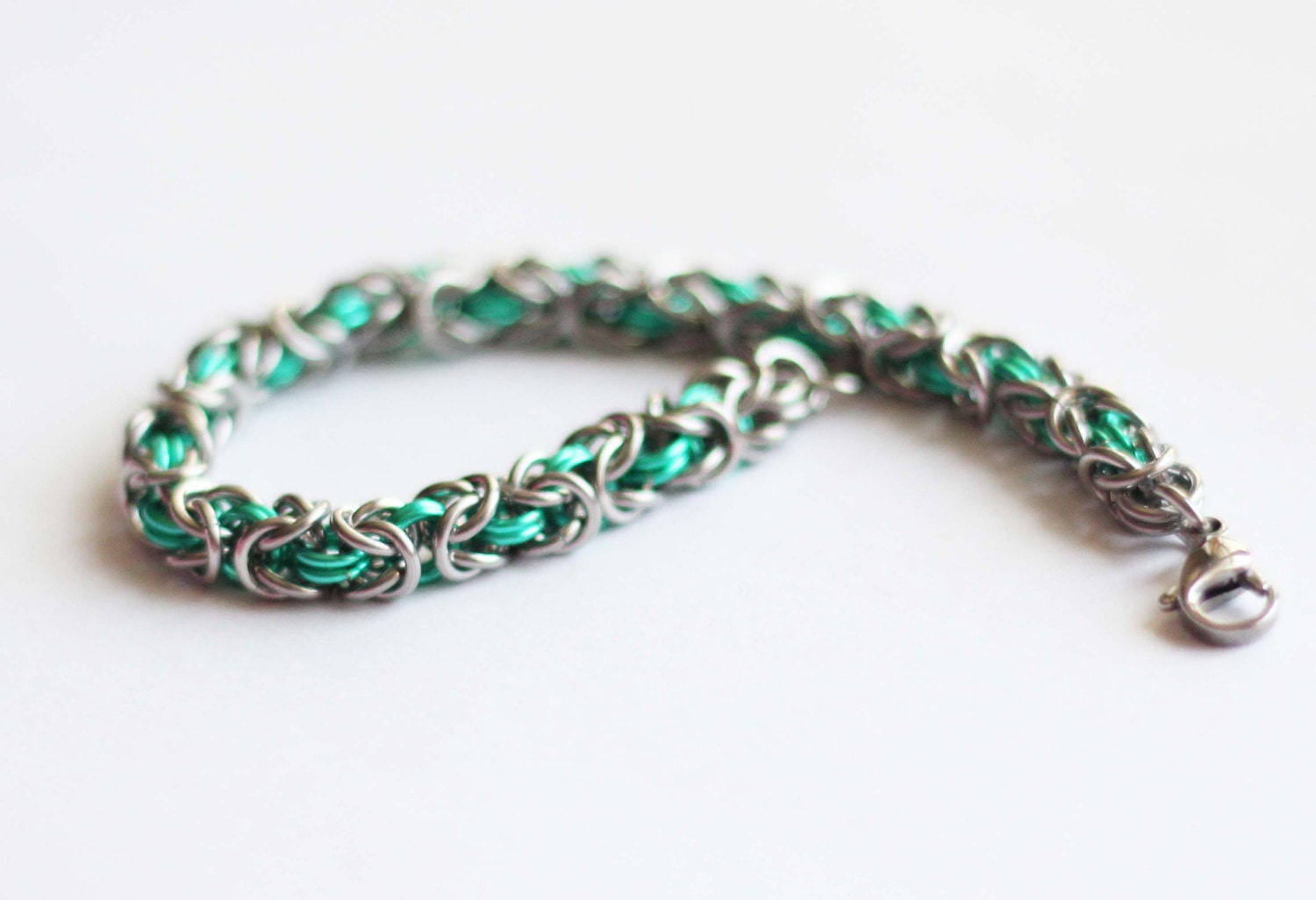 Silver and Green Byzantine Chainmail Bracelet