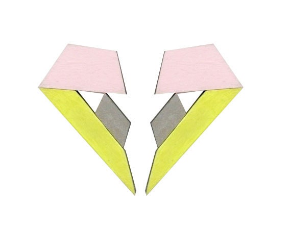 Tangram Stud Earrings - Pink, Silver & Neon Yellow