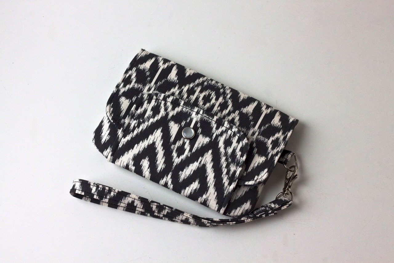 iPhone Wristlet, iPhone wallet in Grey and White Ikat  - ready to ship
