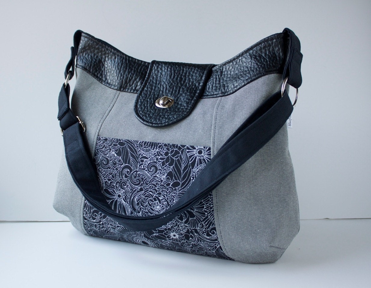 Large Cross Body Bag in Black and white floral with denim and black faux leather - ready to ship