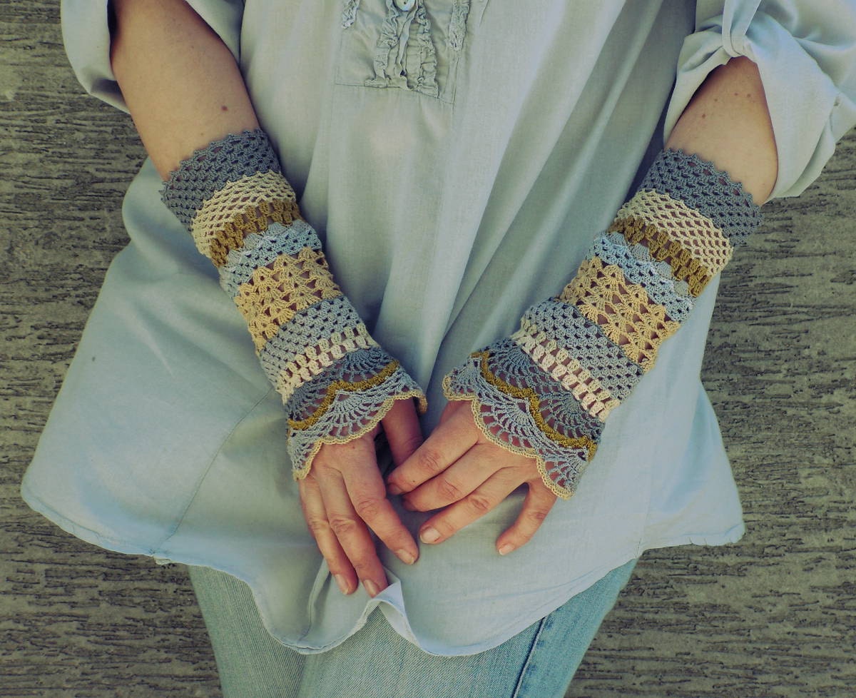 Total Colorization: Spring Garden Tones - crocheted open work lacy romantic multicolored wrist warmers cuffs hippie boho style