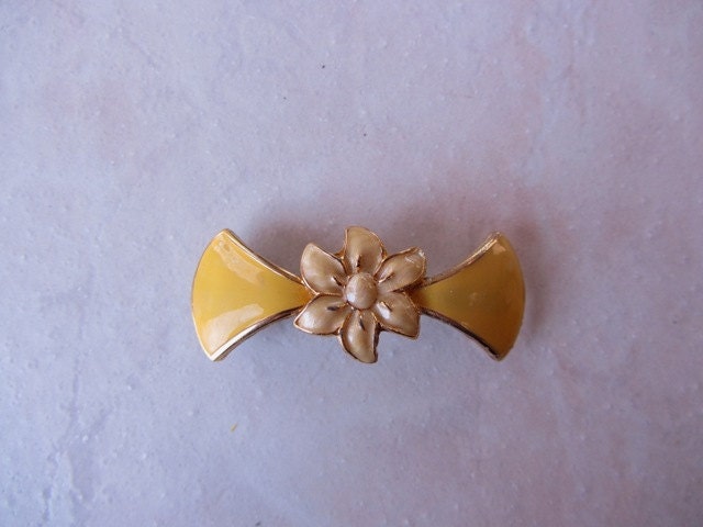 Yellow Handmade Woman's Barrette, Repurposed with Gold and off white. Recycled