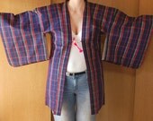 Haori Kimono Jacket With Tartan Pattern In Blue Red White Yellow