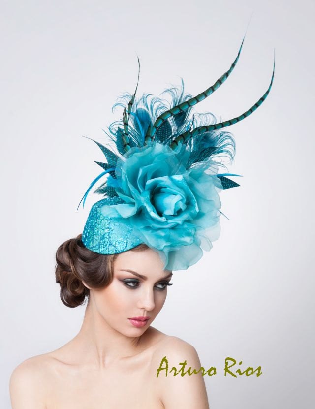 Turquoise Fascinator-- Cocktail Hat- Couture Headpiece