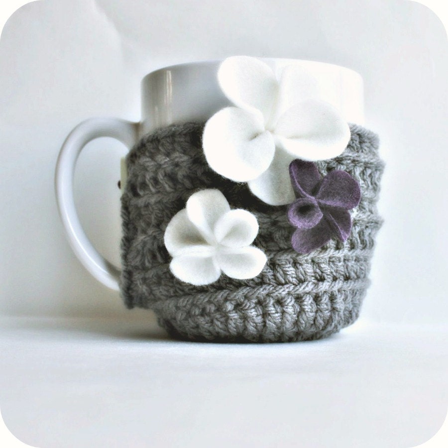 Floral coffee cozy mug tea cup african violet purple gray white crochet handmade cover