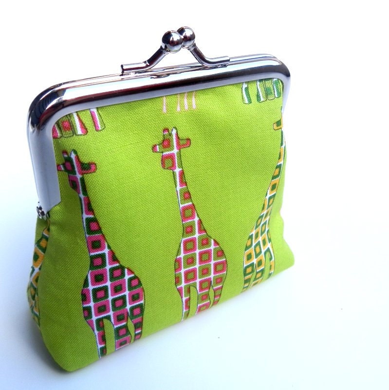 Giraffes large coin purse geometric safari grass green pink yellow
