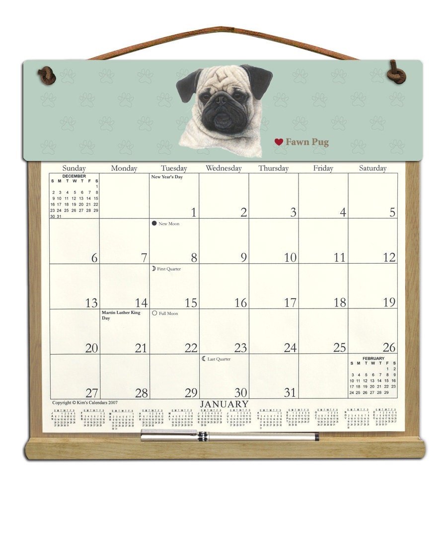 Fawn Pug Dog Wooden Refillable  Calendar Holder filled with 2013 & 2014 calendars.