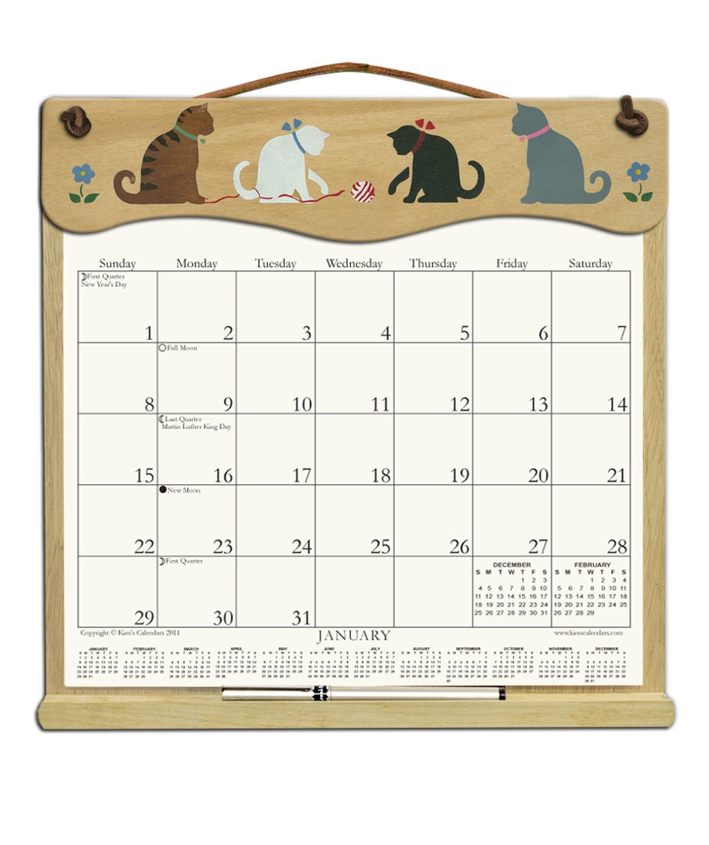 Wooden Refillable  Calendar Holder with Kitty Cats filled with 2013 & 2014 calendars.