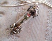 Victorian Handmade Miniature Mulberry Paper Red Rosebud w/Dewdrop Reliquary Pendant with Reindeer Moss-Symbolizes True Love