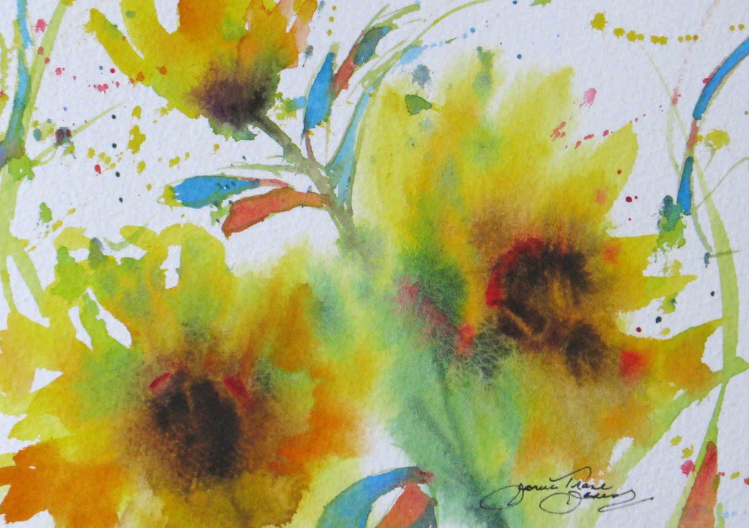 abstract sunflower original watercolor painting contemporary garden floral landscape 5 x 7