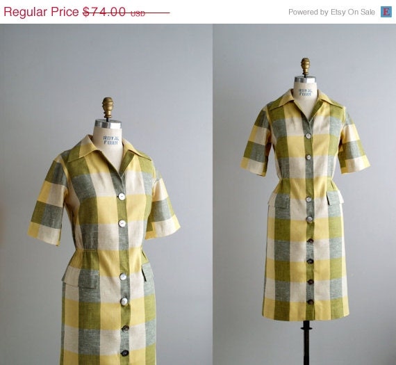 25% OFF SALE 50s dress / 1950s plaid linen day dress / Endive dress
