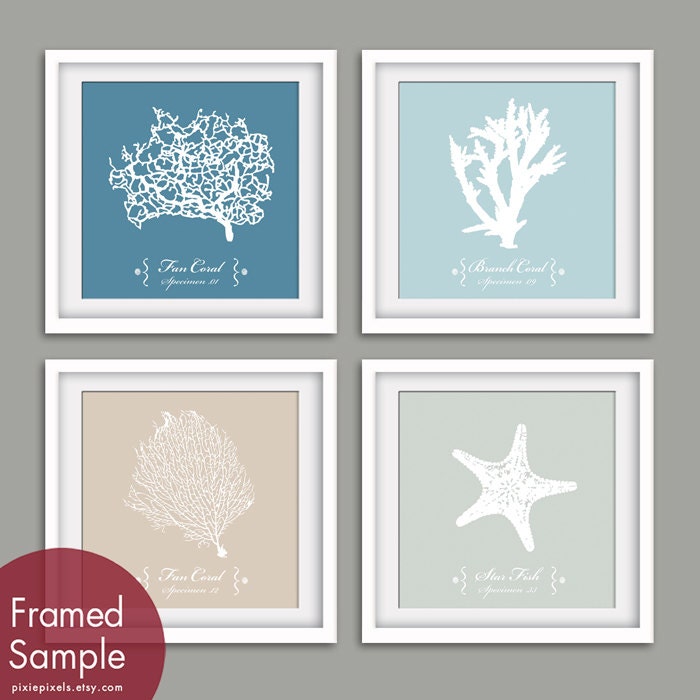Underwater Sea Coral Collection  (Series A) Set of 4- 12x12 Art Print (Featured in Blue Linen, Glacier Blue, French Grey and and Fog Grey)