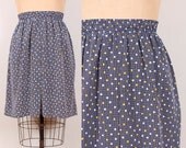 1980s Flowy Graphic Skirt - Womens L - Evan-Picone for Saks Fifth Avenue Navy Blue Yellow White Polka Dot / Windowpane Check Pattern Skirt