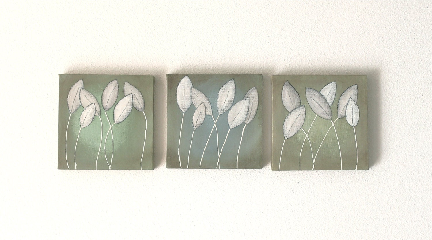 light  blue mint green sea foam ivory leaves nature original art acrylic triptych painting