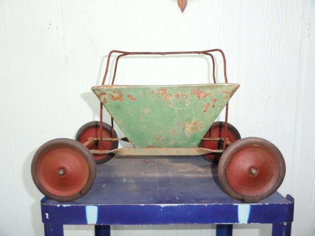 Vintage Garden Cart Basket Plant Stand Metal Buggy Wheels Floral Display Repurposed