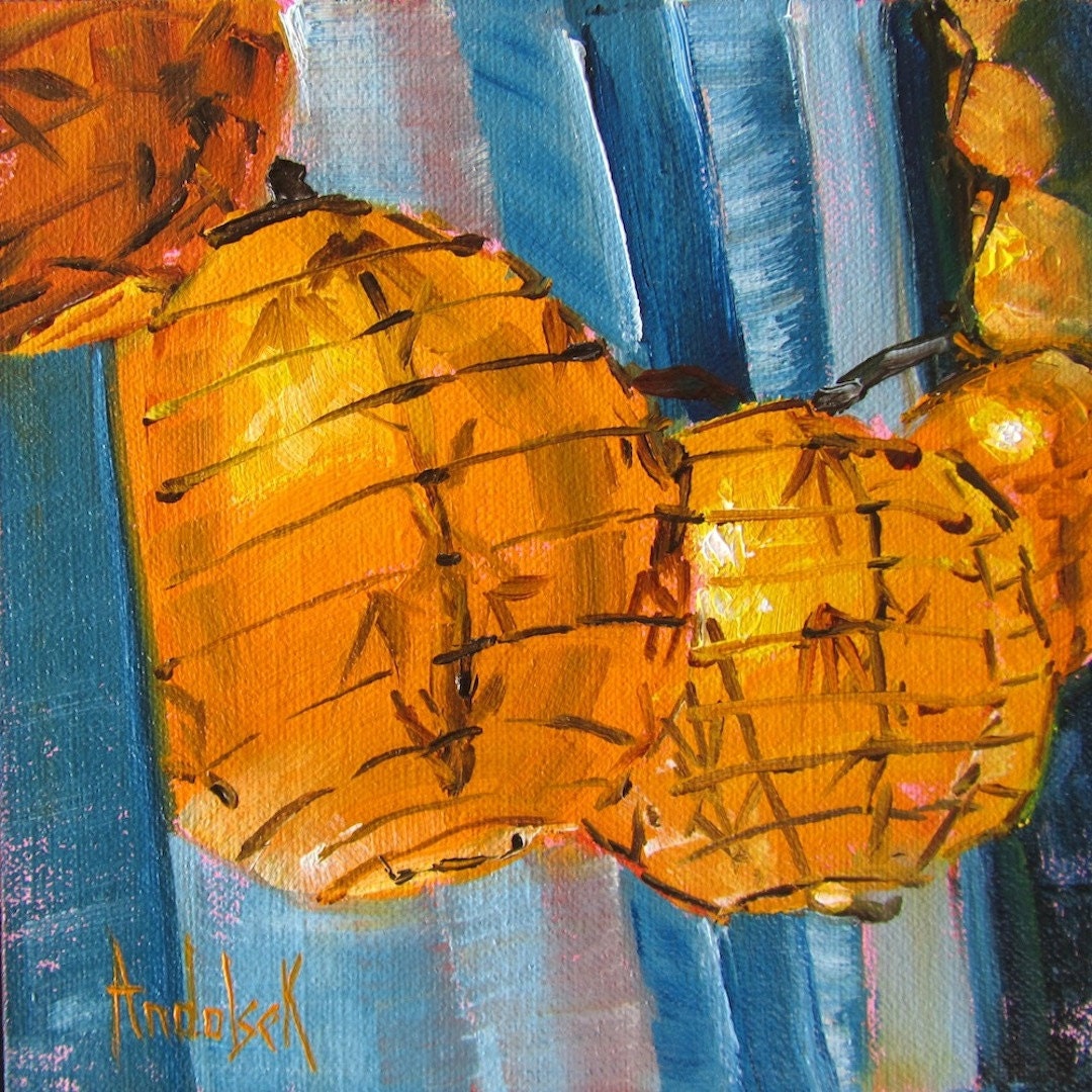 Andolsek Art, ORIGINAL OIL Painting, Lanterns, Garden, Summer, 'Lanterns', 6x6