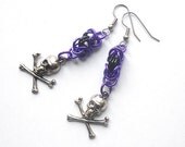 Skull and crossbones earrings, Pirate jewelry, Purple and black, Chainmaille pirate earrings