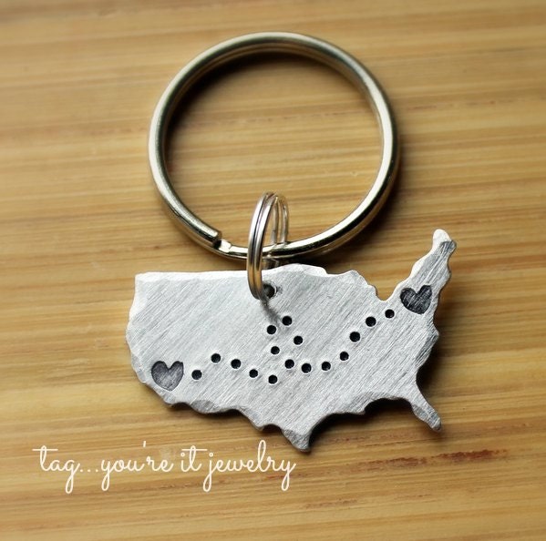 United States Keychain Long Distance Love Romance Traveling, Keyring,hand stamped, graduate