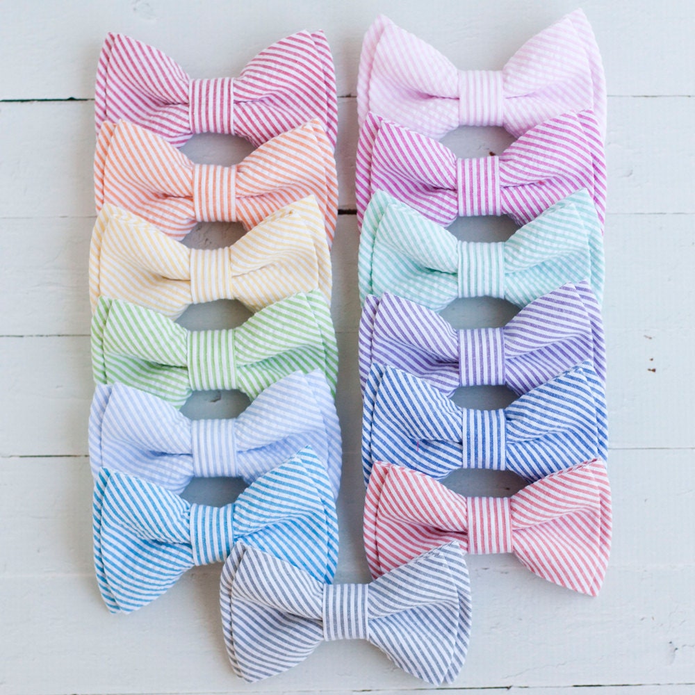 The Beau- classic stripe seersucker double stacked bow ties for boys and men of all ages- choose from 13 shades (clip or strap selection)