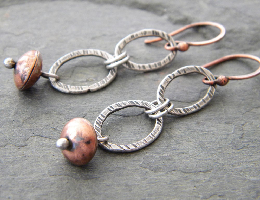 Sterling Silver Oval Link Copper Bead Earrings Double Links Saucer Bead Handmade Mixed Metal Artisan Jewelry