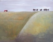 Red Tractor on a Gray Day - Original Acrylic Painting on Canvas