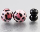 Pink Leopard Earring Pair, Animal Print Lampwork Beads with Black Spacers, SRA