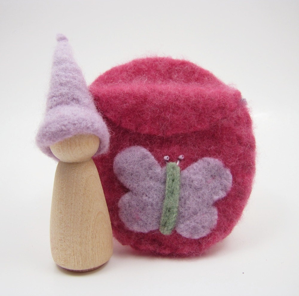 Butterfly Peg Doll, Pink and Lavender Spring Waldorf Gnome, Natural Wood Toy, Felted Wool Playset