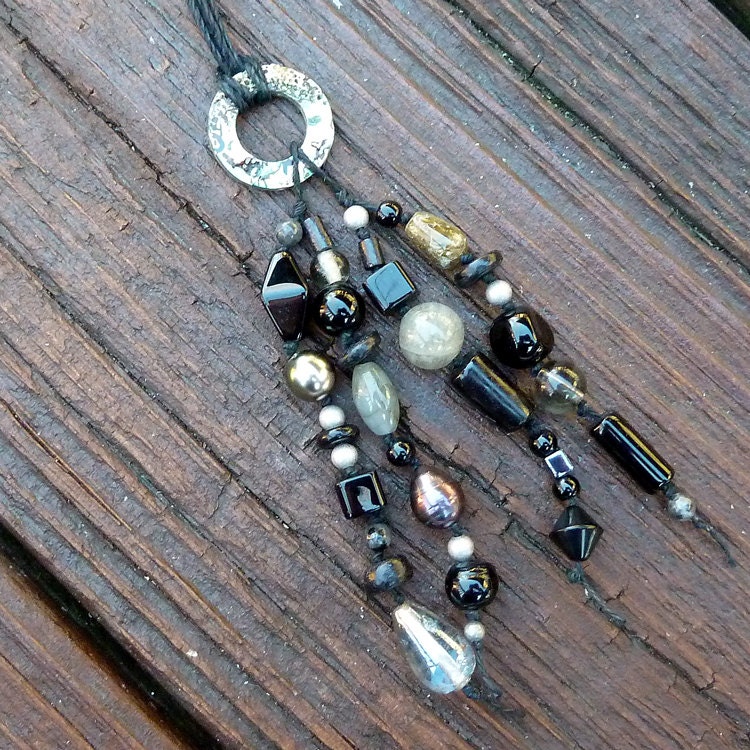 Labradorite Cluster Necklace - Long Black Necklace, Labradorite Beads, Black Glass Beads, Black Pendant Necklace