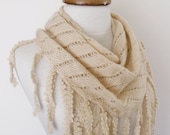 Cream Scarf Shawl With Flower Brooch -Lace Edge-Ready for shipping