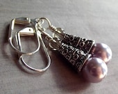 Handmade Earrings -Lavender Glass Pearls Bali Style Bead Caps