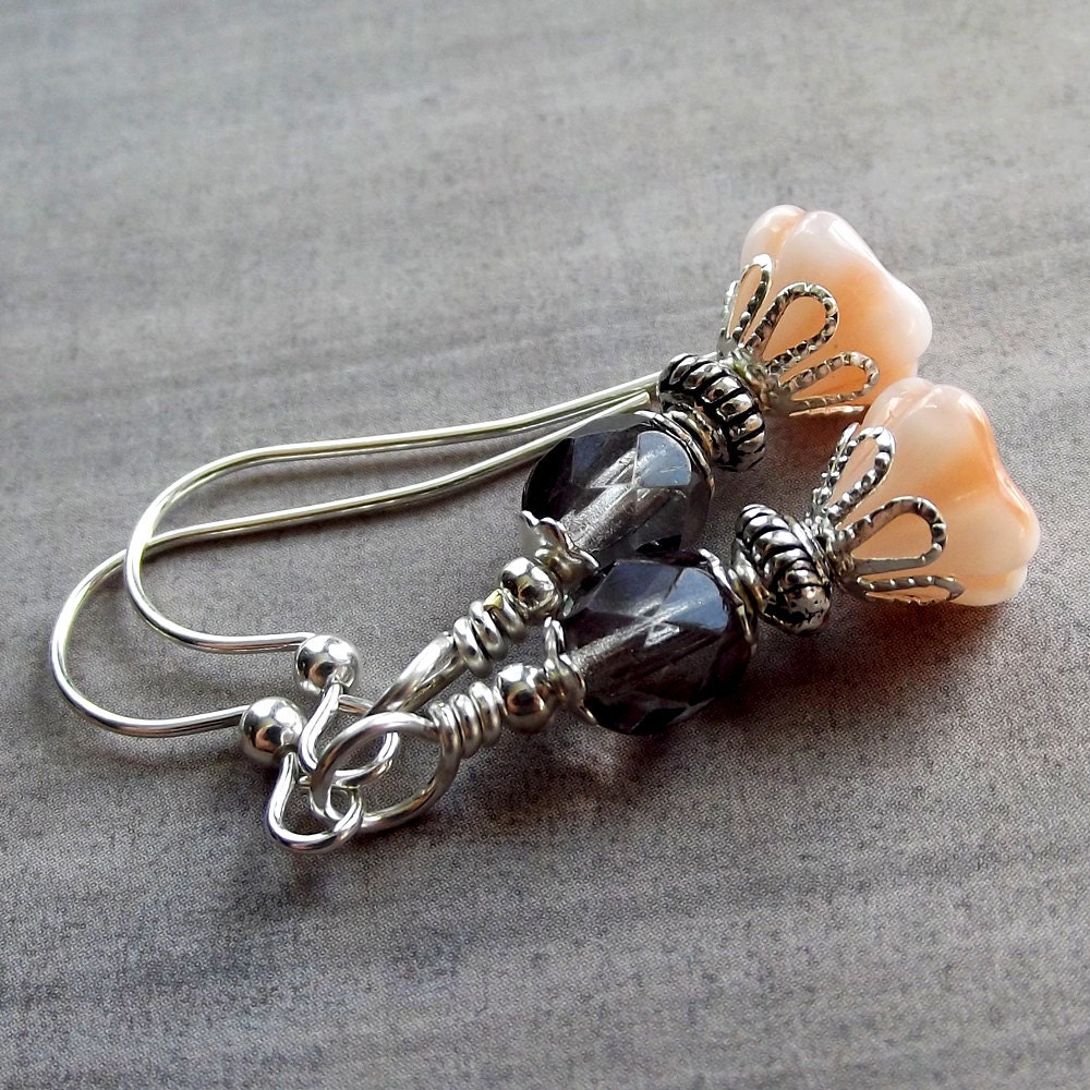 Handmade Earrings -Creamy Peach Flowers & Smoke Crystals