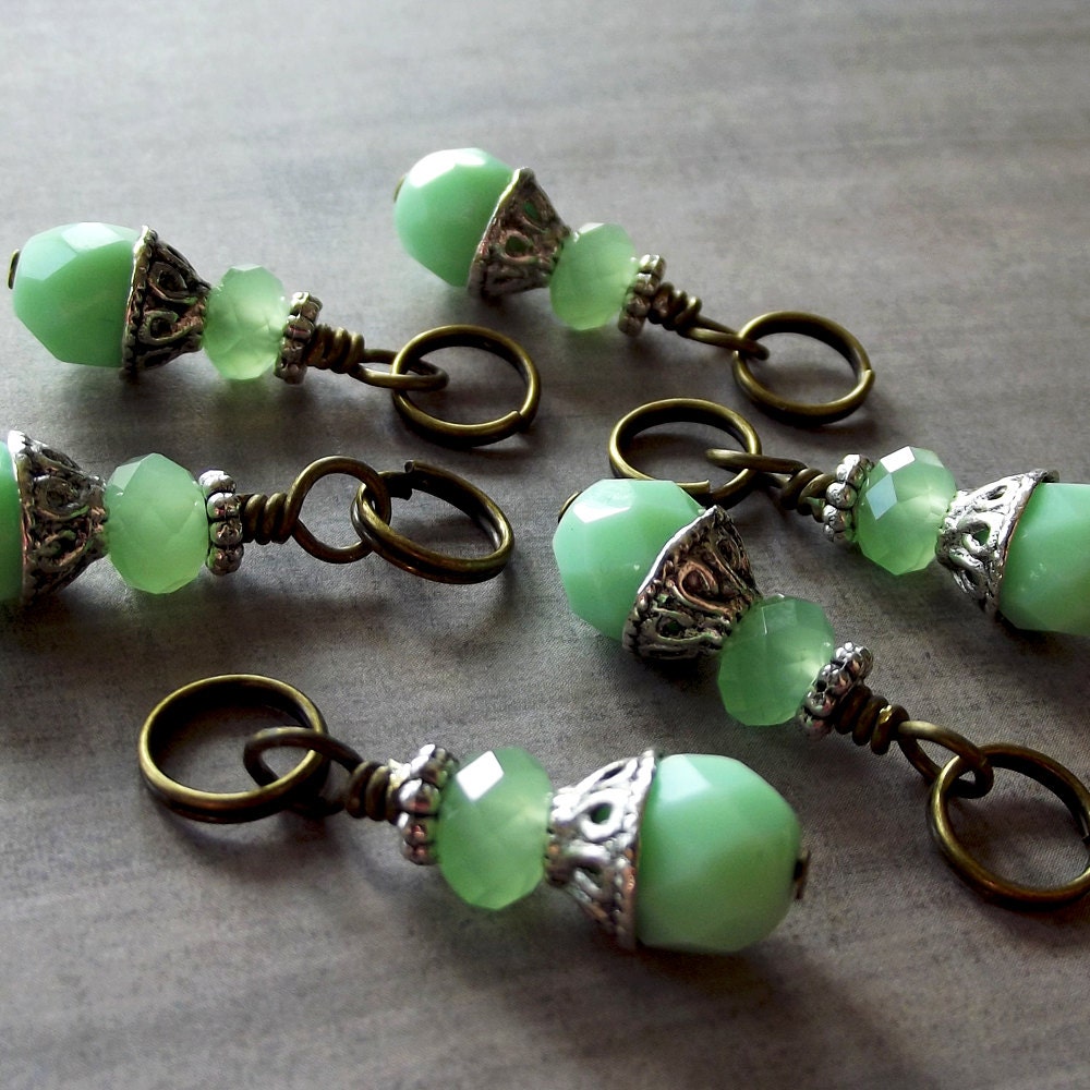 Knitting Stitch Markers Antiqued Brass Mint Green Crystals -Set of 6