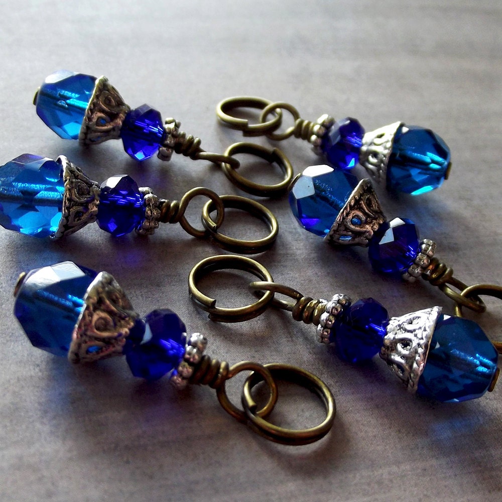 Knitting Stitch Markers Antiqued Brass Blue Sapphire Crystals -Set of 6