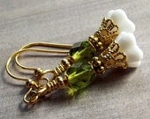 Handmade Earrings -White Flowers & Lime Crystals