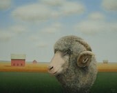 SHEEP Painting Fine Art Landscape 14 x 11"  Original Folk MERINO Ram Farm Barn Animal Country green gold horn sky Art Gift