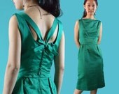 Emerald Green Silk Wiggle Dress / 1950s 50s Vintage Cocktail Dress / Cutout Back Sleeveless Bombshell Party Dress XS / S