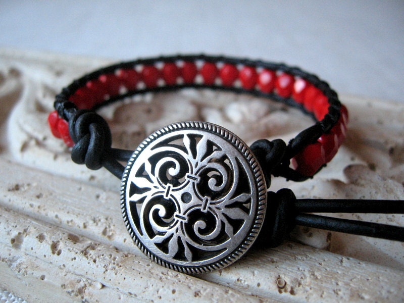 Black and Red Bracelet, Leather Wrap Bracelet, Single Leather Wrap Bracelet, Black Leather, Czech Glass Beads, Bridesmaid Gift