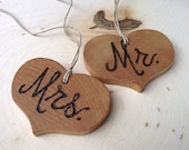 Mr. and Mrs. Wood Heart Charms - Wooden Heart Charms - Wood Burned Toasting Glass Heart Charms - Rustic for an Outdoor Barn Wedding
