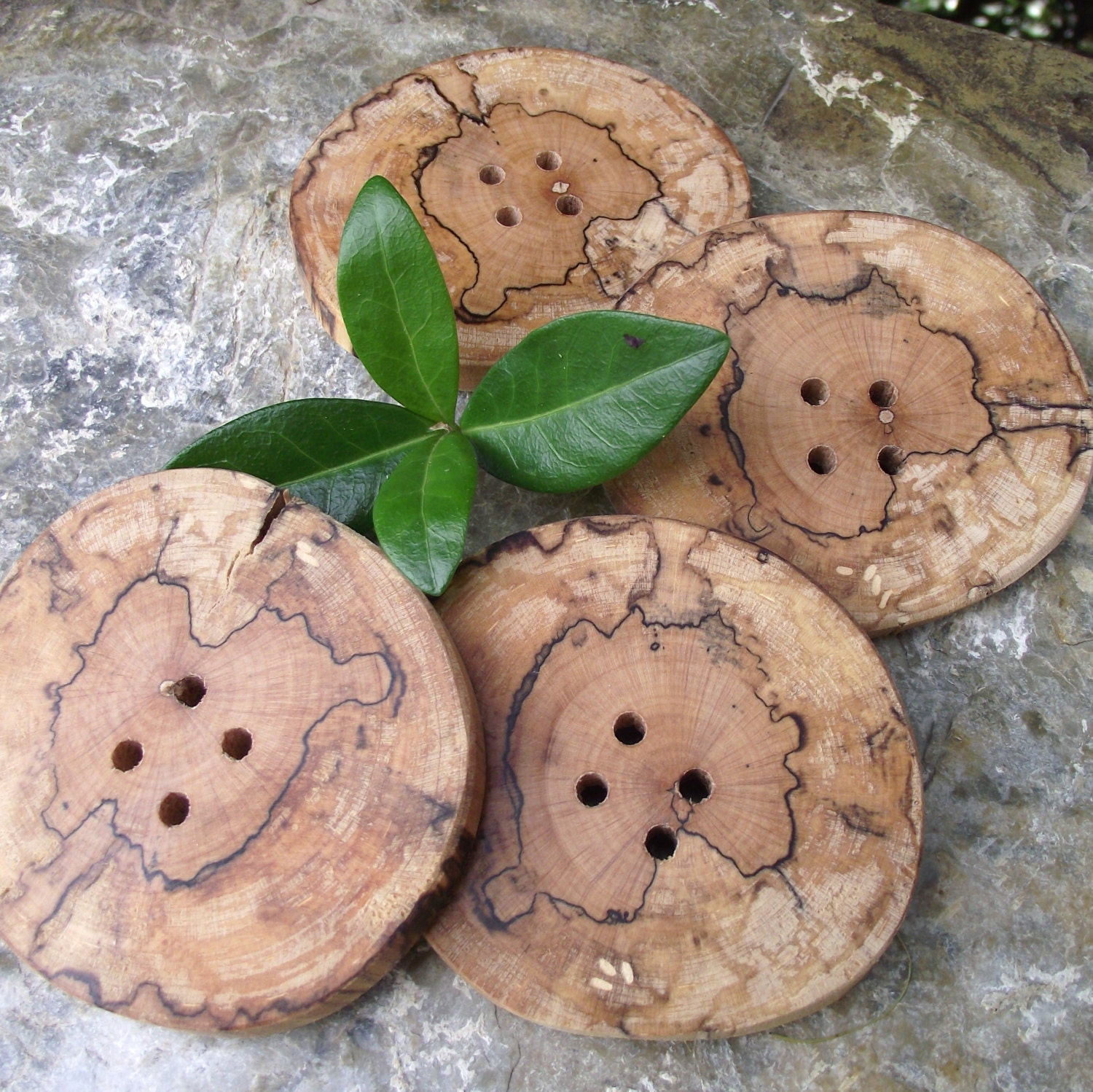 Wood Buttons - 4 Spalted Maple Wood Tree Branch Buttons - 2 3/4 inches x 2 3/8 inches, 4 holes, For Journals, Purses, Knitting, Pillows