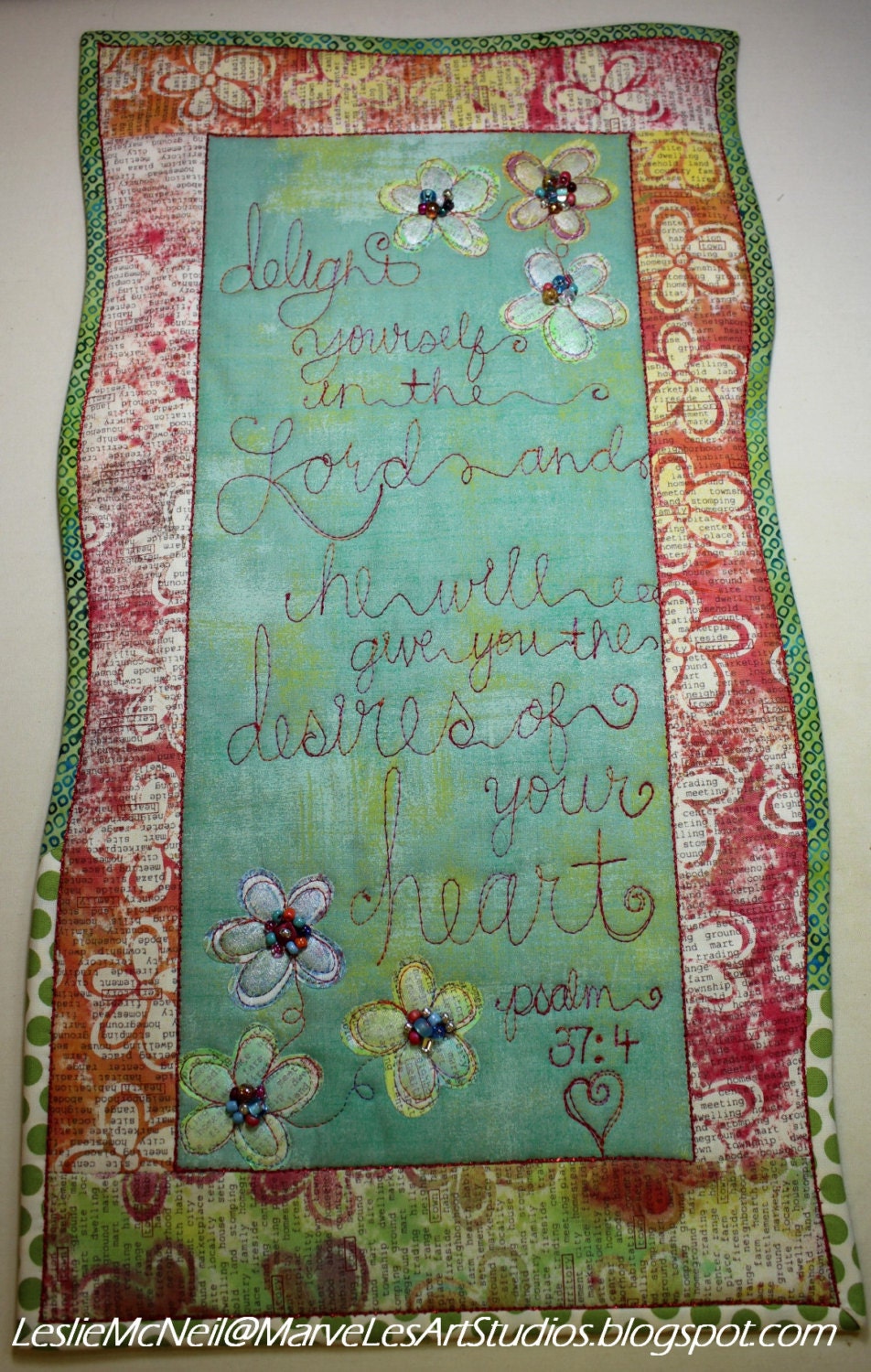 MarveLes DELIGHT YOURSELF in the LORD Psalm Art Quilt  Home Decor Dining Decor Coral Aqua Yellow Green
