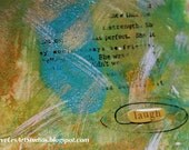 MarveLes  SET of FOUR Mixed Media Prints Greeting Cards white cardstock lime green turquoise yellow silver gold