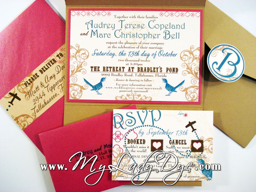 Super Cute Atlas Map Vintage Modern Rustic Pocket-Fold Wedding Invitation - Scrolls, Bird, Map - By My Lady Dye