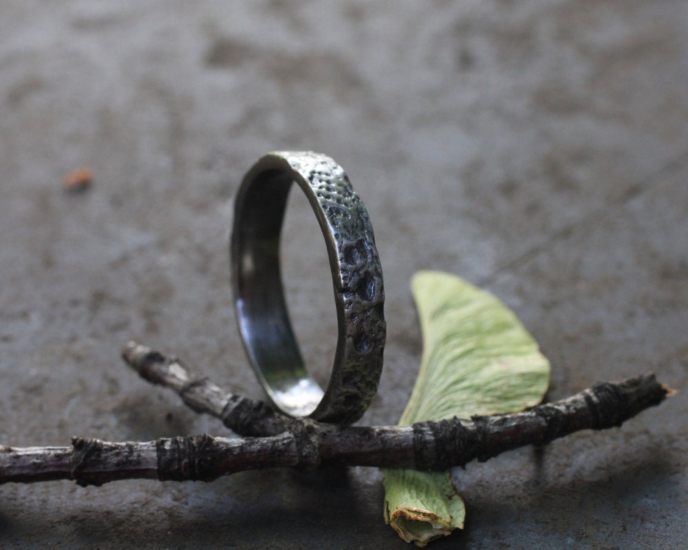 Mens nature textured thin silver wedding band: Inner Sea