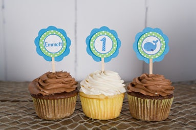 Whale Theme Cupcake Toppers - Preppy Ocean Happy Birthday Party Decorations - Whale Theme Birthday Party in Blue and Green Il_570xn